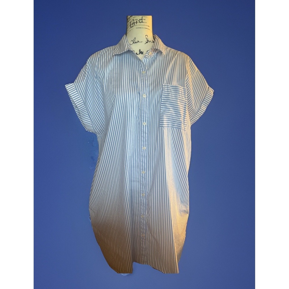 UNTUCKit For Her XL Shirt Dress Tunic Blue Striped Short Sleeve With Pockets
